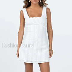 Summer Tank Sleeveless Square Neck Lace Trim Solid Color A line Short Mini Lace Dress