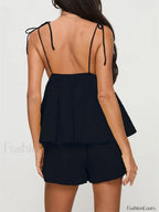Summer V Neck Camis Ruffled Hem Tops Wide Leg Shorts Two Piece Set