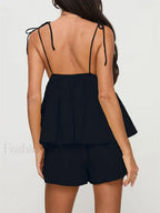 Summer V Neck Camis Ruffled Hem Tops Wide Leg Shorts Two Piece Set