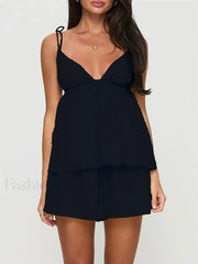 Summer V Neck Camis Ruffled Hem Tops Wide Leg Shorts Two Piece Set Black / S