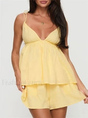 Summer V Neck Camis Ruffled Hem Tops Wide Leg Shorts Two Piece Set Yellow / S