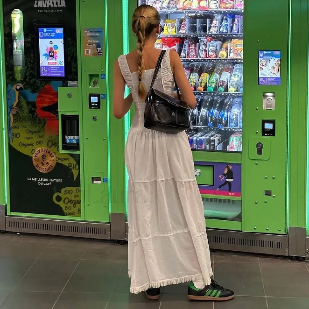 Summer White Beach Vintage Long New Holiday Women Button Fashion Pure Pleated Elegant Maxi Dress