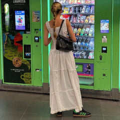 Summer White Beach Vintage Long New Holiday Women Button Fashion Pure Pleated Elegant Maxi Dress