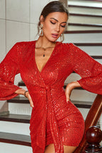 Surplice Neck Knot Charming Side Sequin Dress