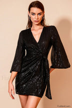 Surplice Neck Knot Charming Side Sequin Dress S / Black