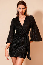 Surplice Neck Knot Charming Side Sequin Dress S / Black
