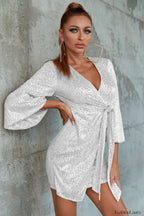 Surplice Neck Knot Charming Side Sequin Dress S / Silver