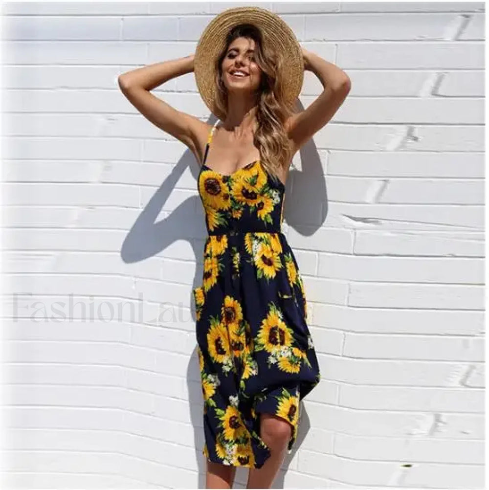 Suspenders Tiered Floral Dress dark blue / S