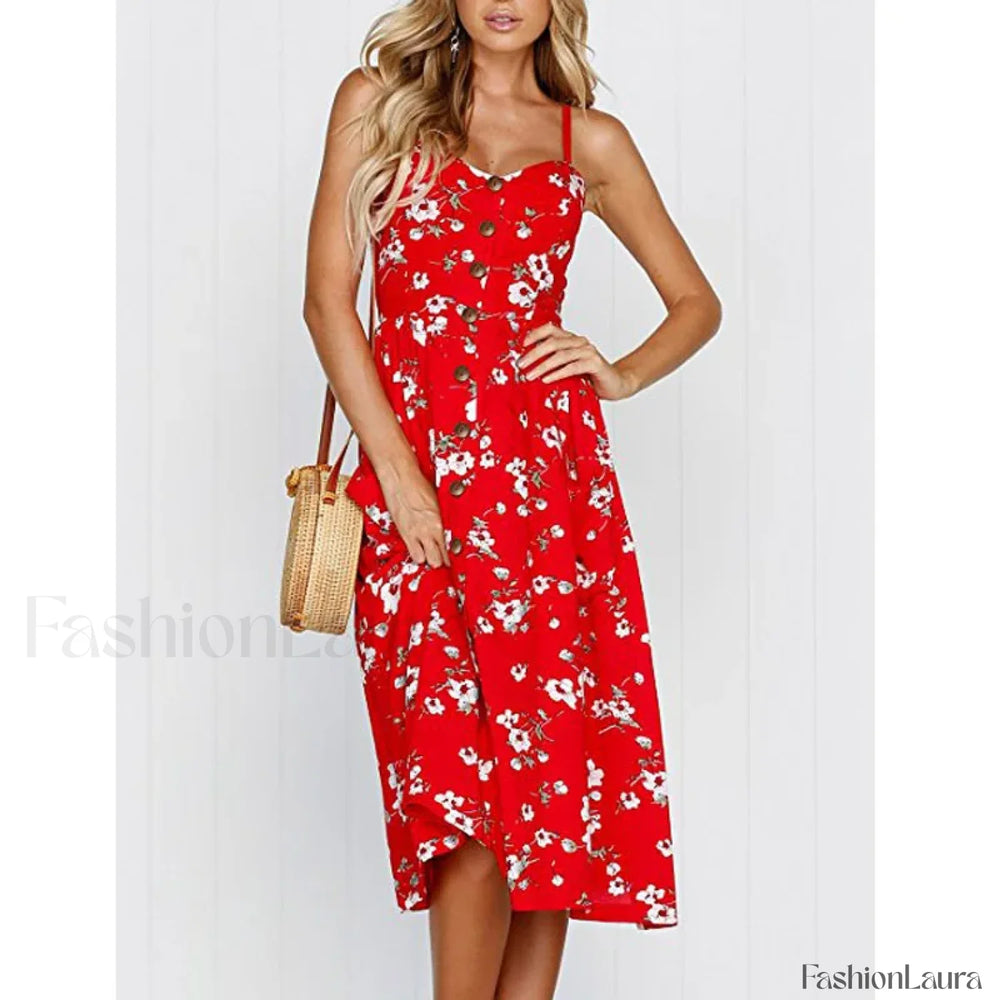Suspenders Tiered Floral Dress Flower Red / S