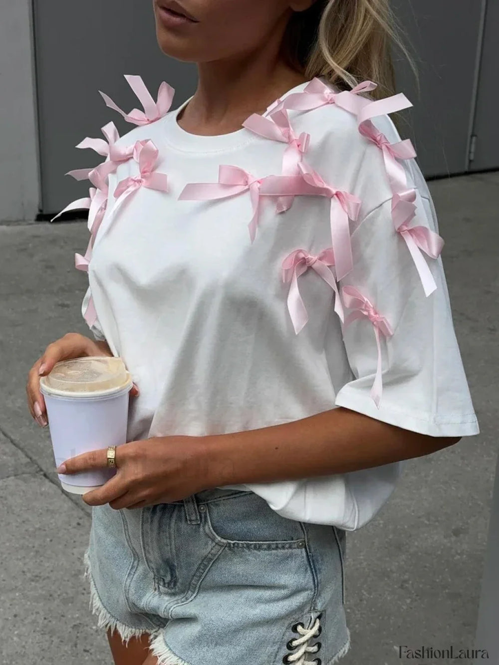 Sweet 3D Bow Cotton T Shirt White / S