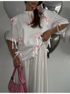 Sweet Bow Tassels Cotton T Shirt White / S