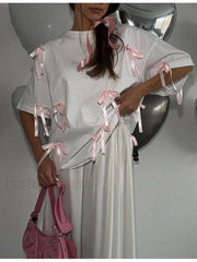 Sweet Bow Tassels Cotton T Shirt White / S