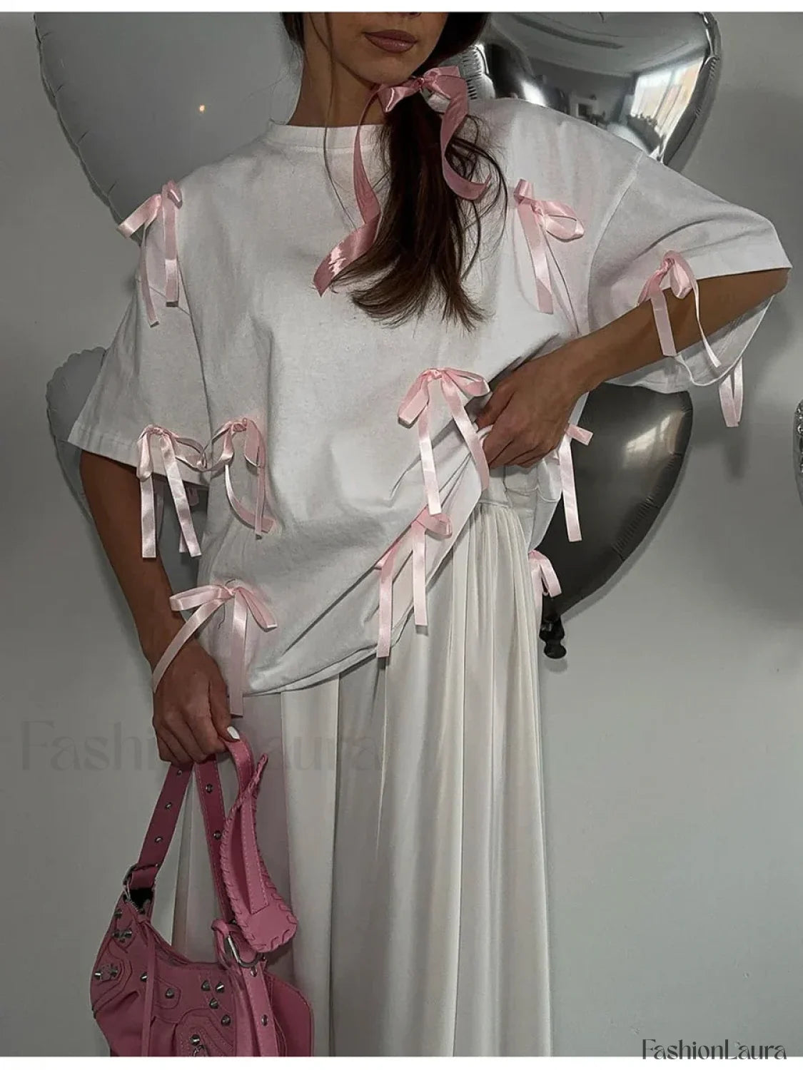Sweet Bow Tassels Cotton T Shirt White / S