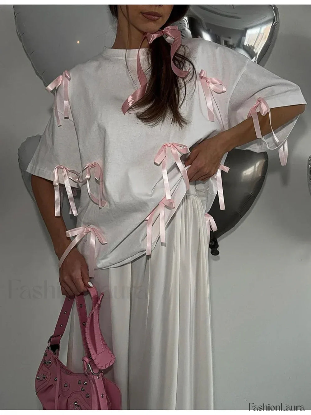 Sweet Bow Tassels Cotton T Shirt White / S