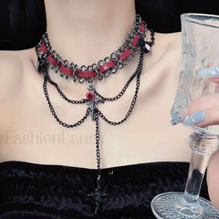 Sweet Cross Red Leather Gothic Layered Necklace RED