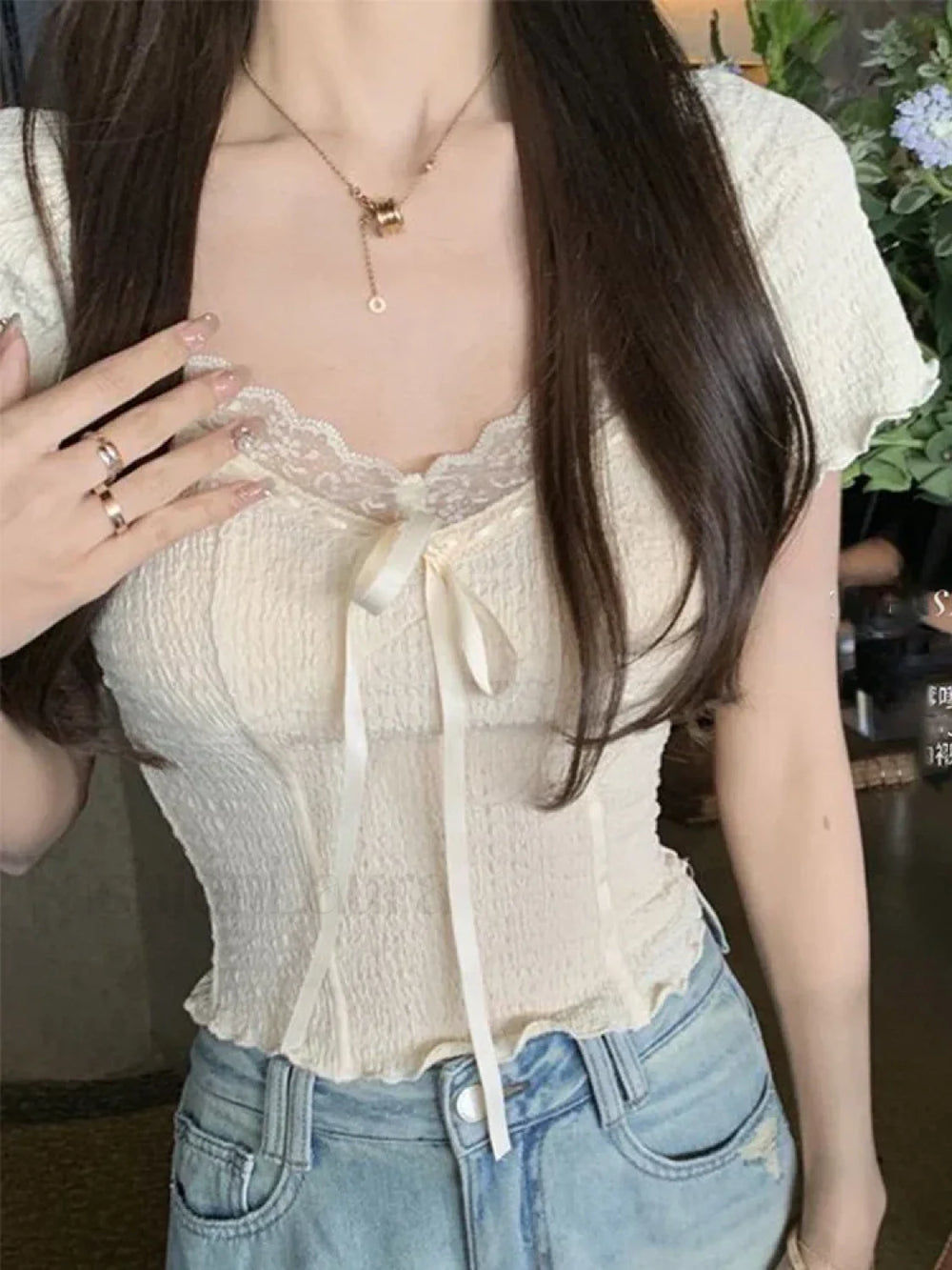Sweet Lace Korean Kawaii Female Crop Tees Blouse