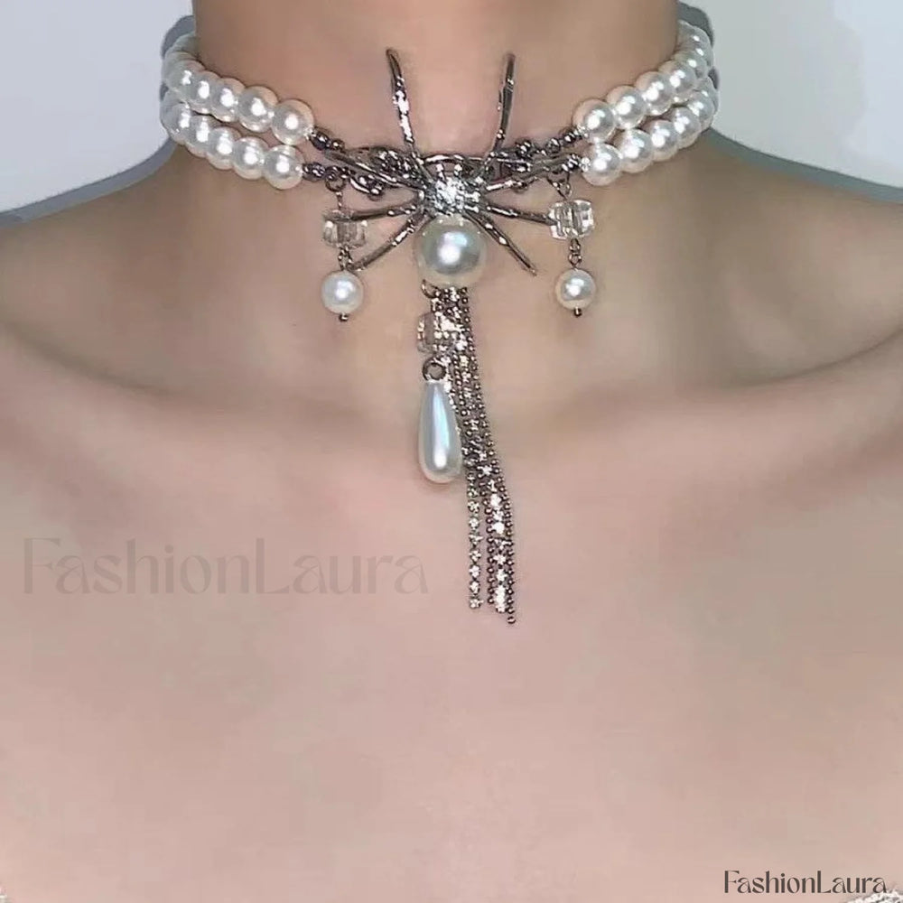 Sweet Pearl Layer Cool Double Spider Necklace SILVER