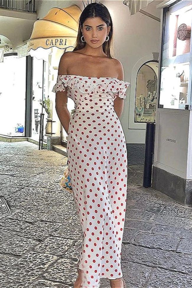 Sweet Ruffle Vacation Polka Dot Maxi Dress White / S Main image