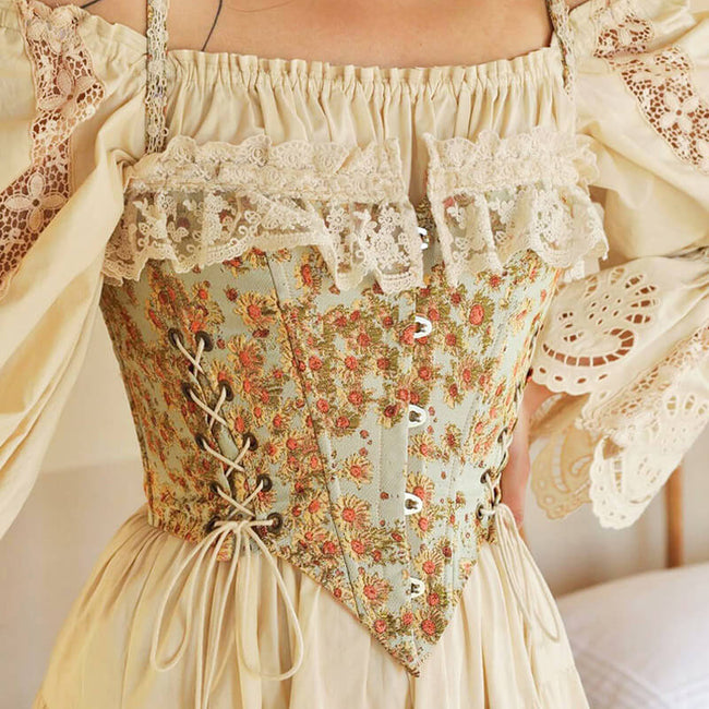 Sweet Ruffled Hook and Eye Lace Up Side Floral Crop Corset Top Green S / Green Crop Tops Main image