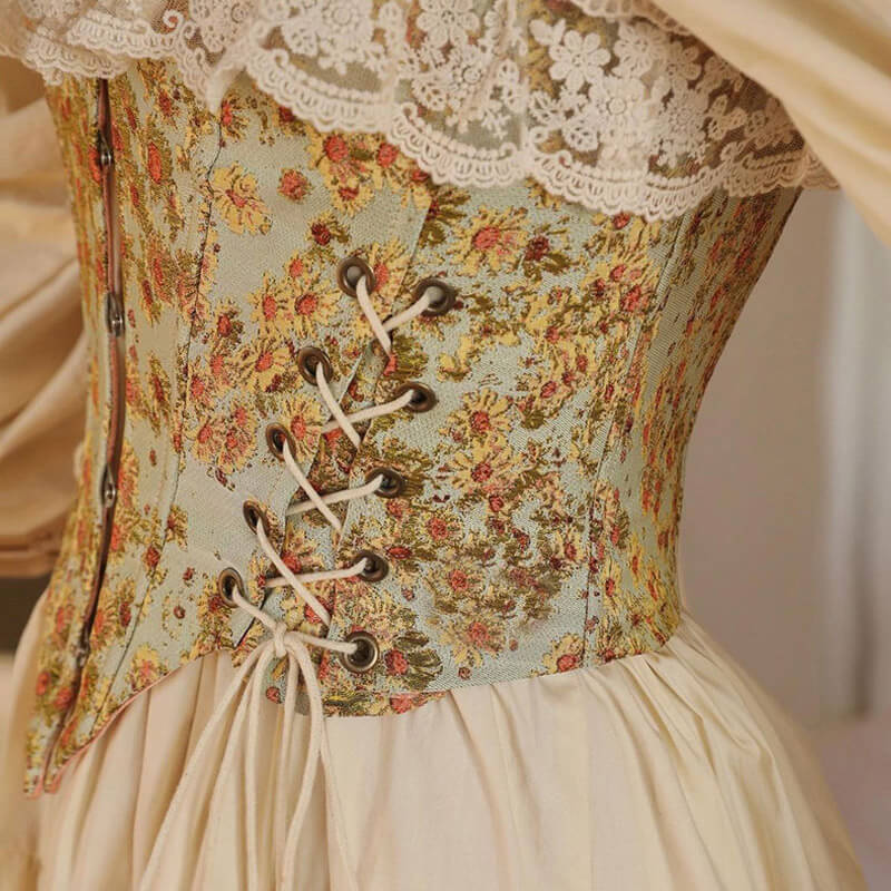 Sweet Ruffled Hook and Eye Lace Up Side Floral Crop Corset Top Green M / Green Crop Tops