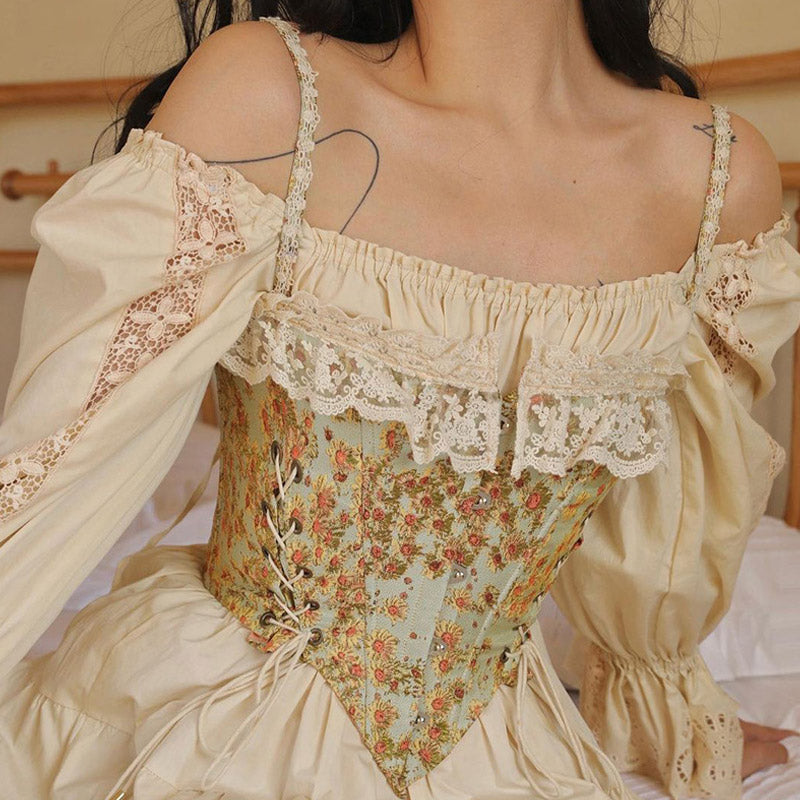 Sweet Ruffled Hook and Eye Lace Up Side Floral Crop Corset Top Green L / Green Crop Tops