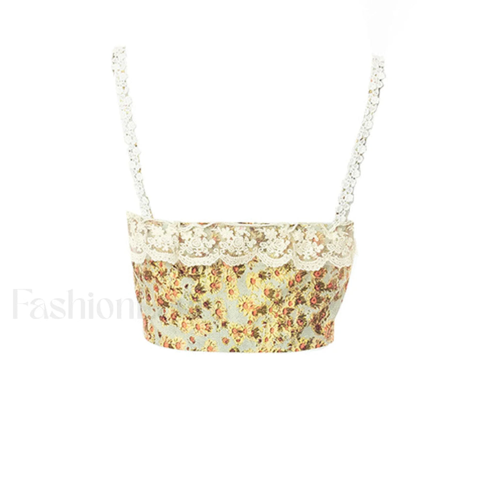 Sweet Ruffled Hook and Eye Lace Up Side Floral Crop Corset Top Green Crop Tops