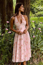 Sweet Wind Slim Print Neck A Line Floral Dress