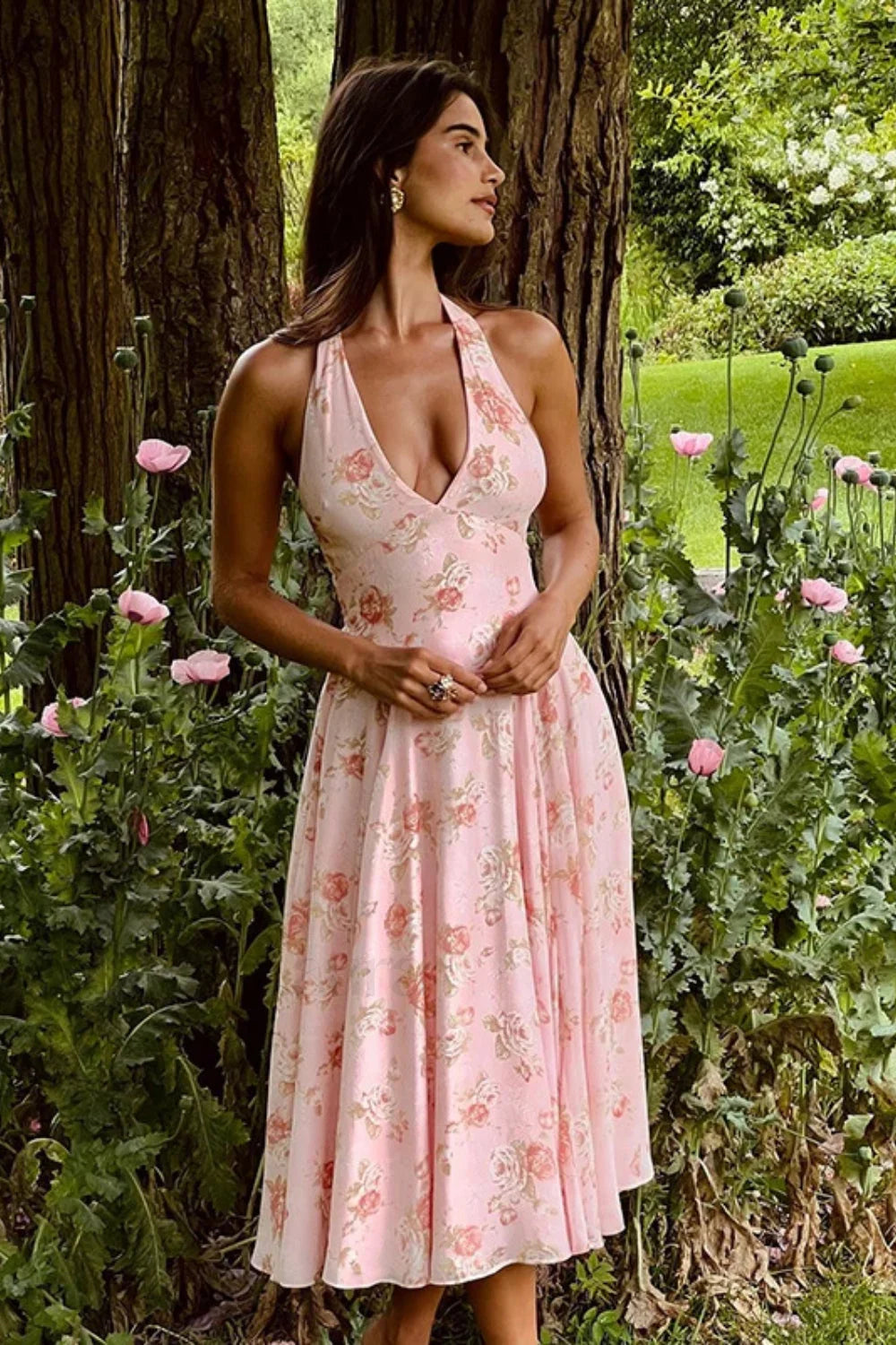 Sweet Wind Slim Print Neck A Line Floral Dress