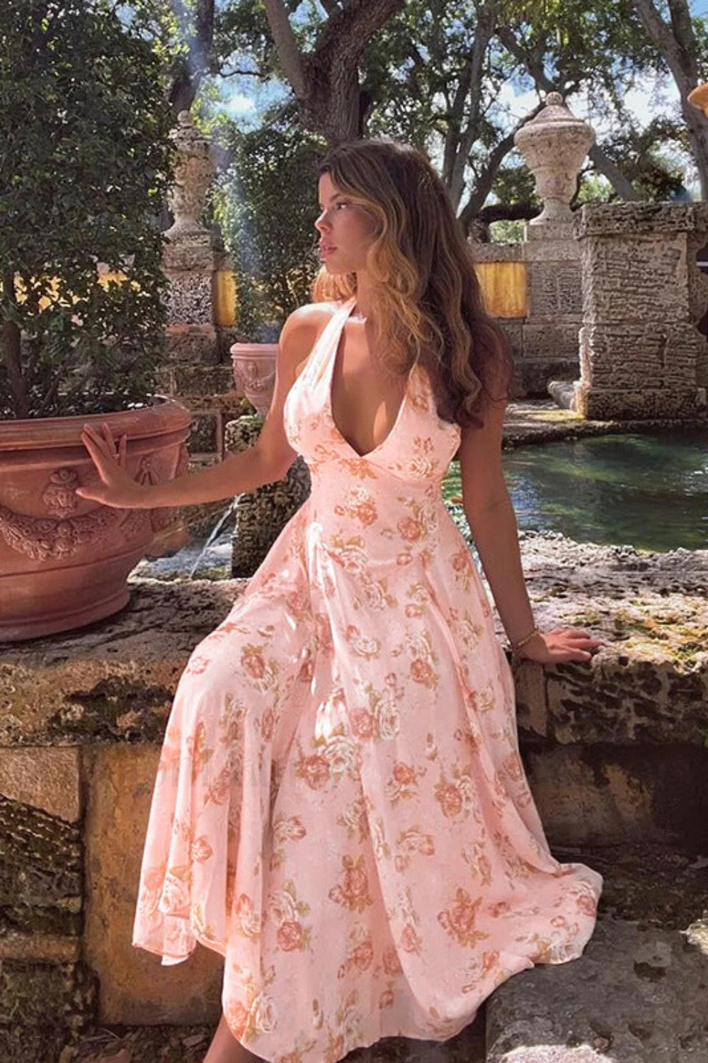 Sweet Wind Slim Print Neck A-Line Floral Dress Secondary image