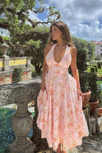 Sweet Wind Slim Print Neck A Line Floral Dress Pink / S