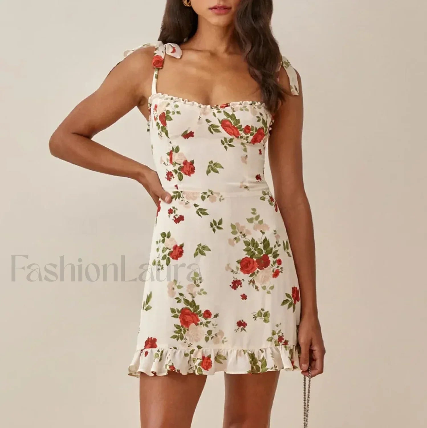 Sweetheart Ruffle Hem Floral Dress WHITE / S Main image
