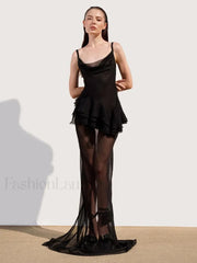 Swing Neck Ruffle Backless Maxi Dress Black / XS