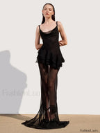 Swing Neck Ruffle Backless Maxi Dress Black / XS