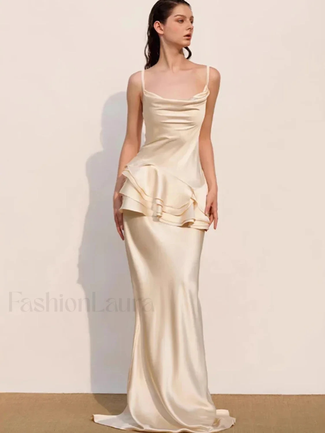 Swing Neck Ruffle Backless Maxi Dress Champagne / XS Main image