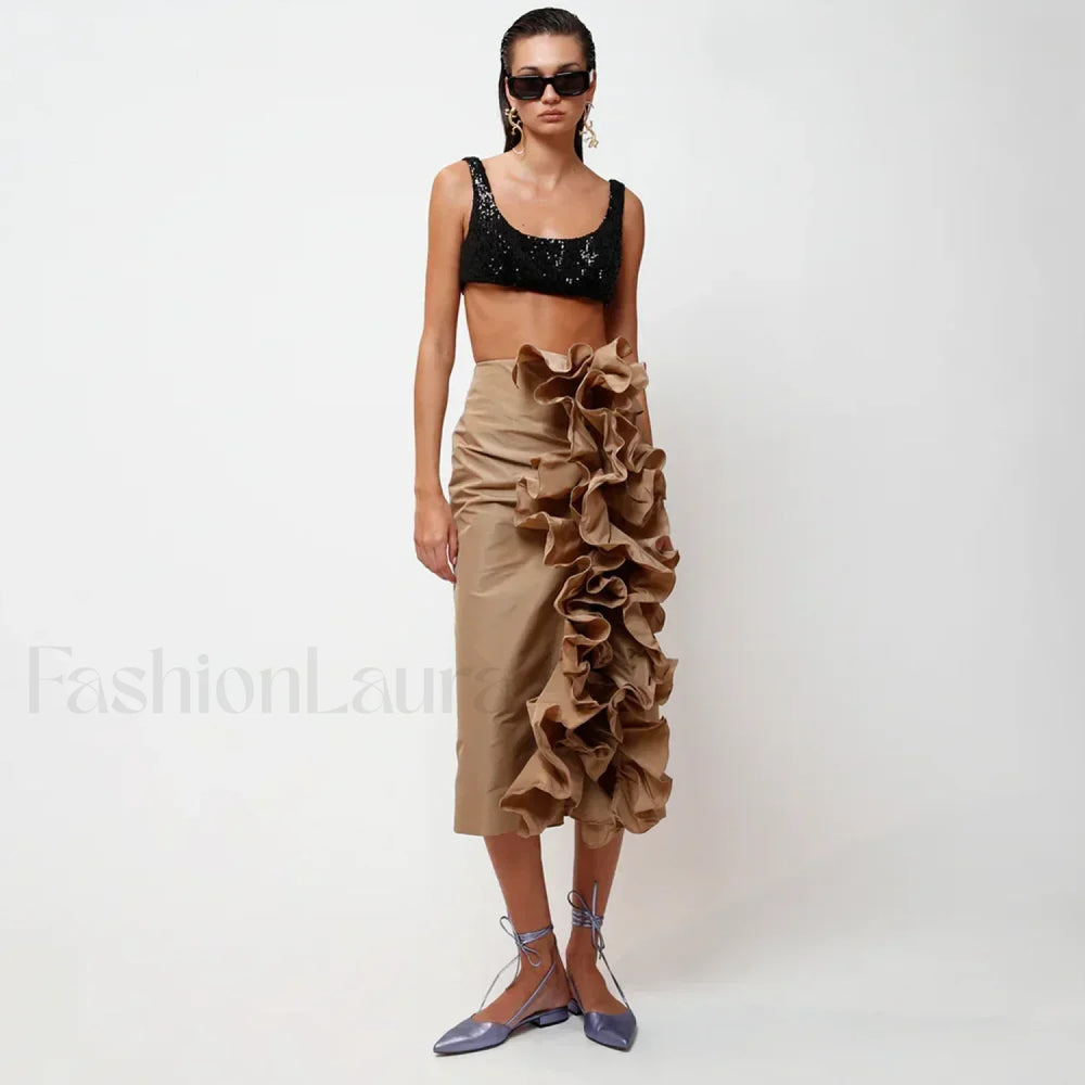 Taffeta Ruffle Midi Pencil Skirt