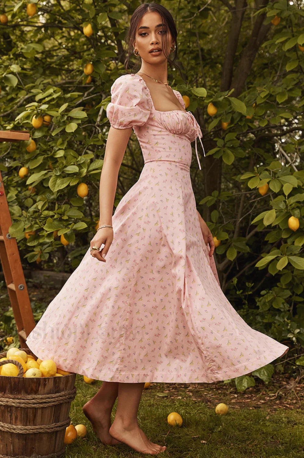 Tallulah Floral Puff Charming Sleeve Midi Dress