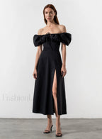 Tallulah White Puff Charming Sleeve Midi Dress XS / Black