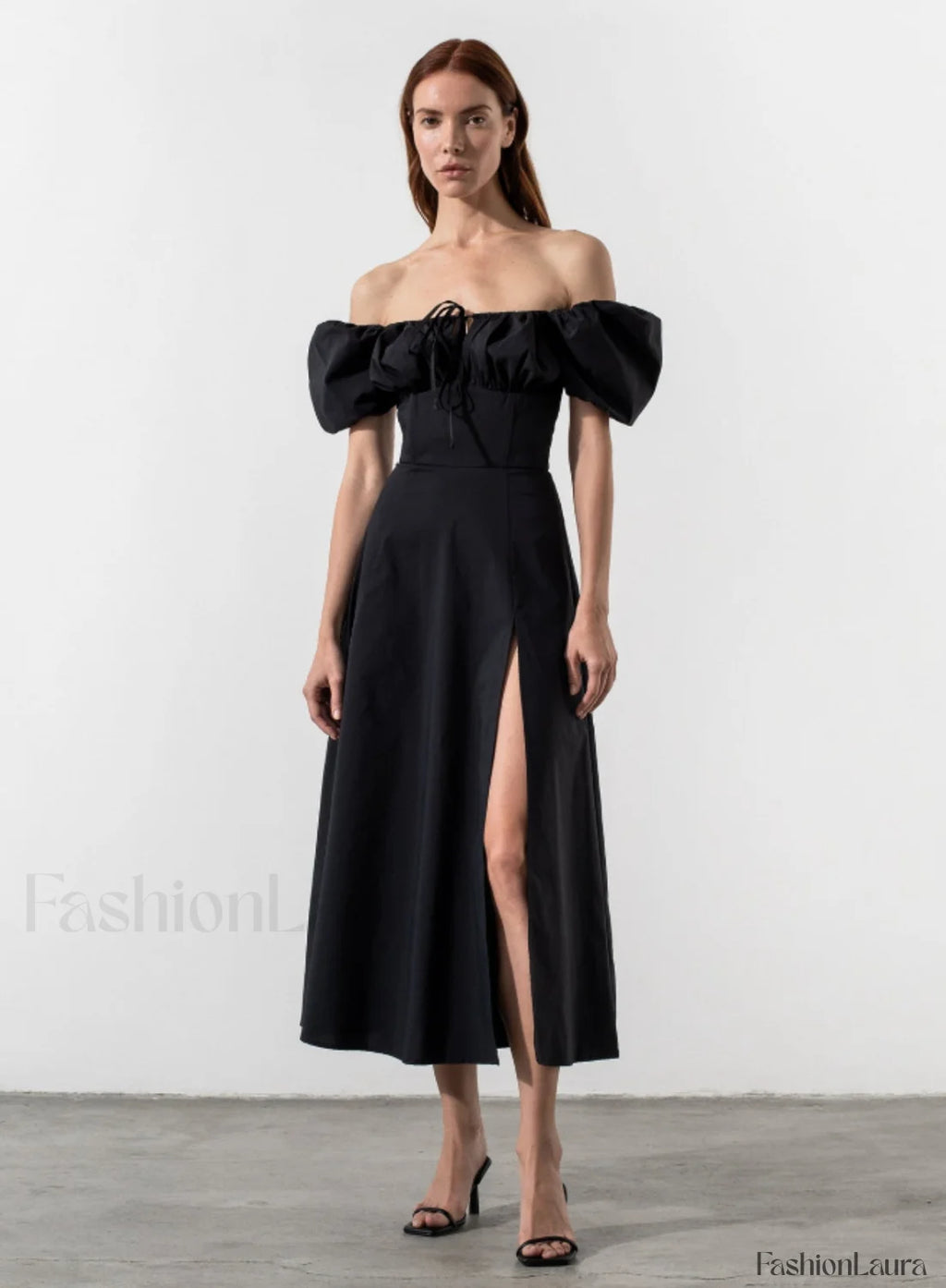 Tallulah White Puff Charming Sleeve Midi Dress XS / Black