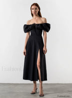 Tallulah White Puff Charming Sleeve Midi Dress XS / Black