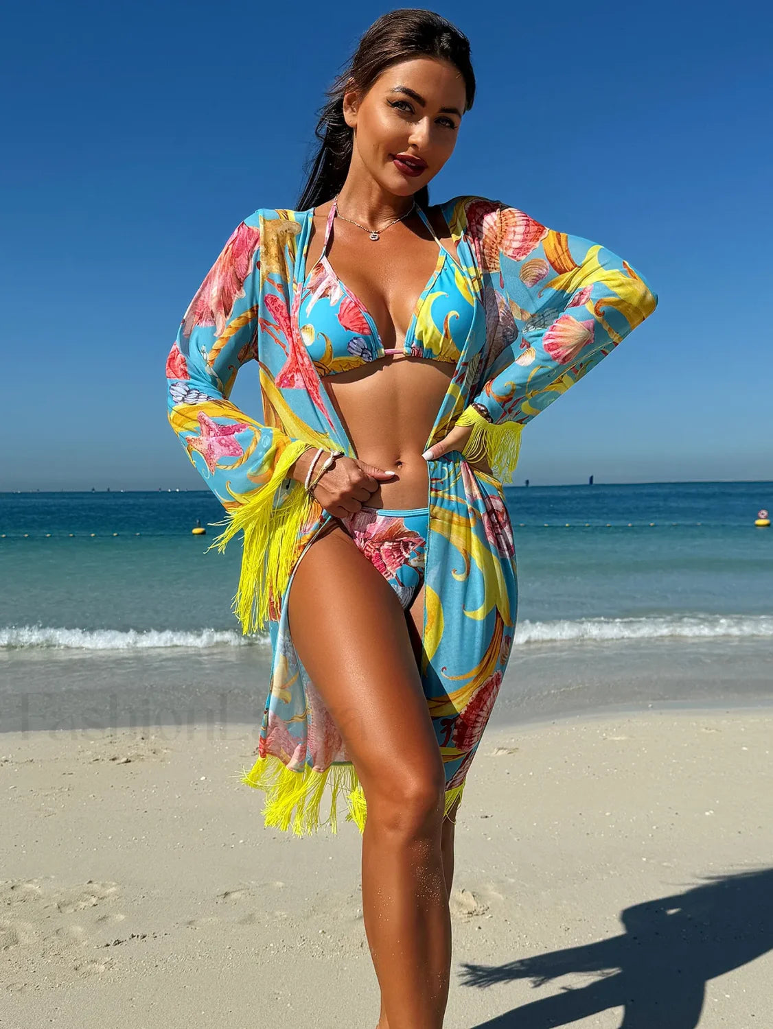 Tassel Drape Printed Bikini Three Piece Set Main image