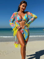 Tassel Drape Printed Bikini Three Piece Set