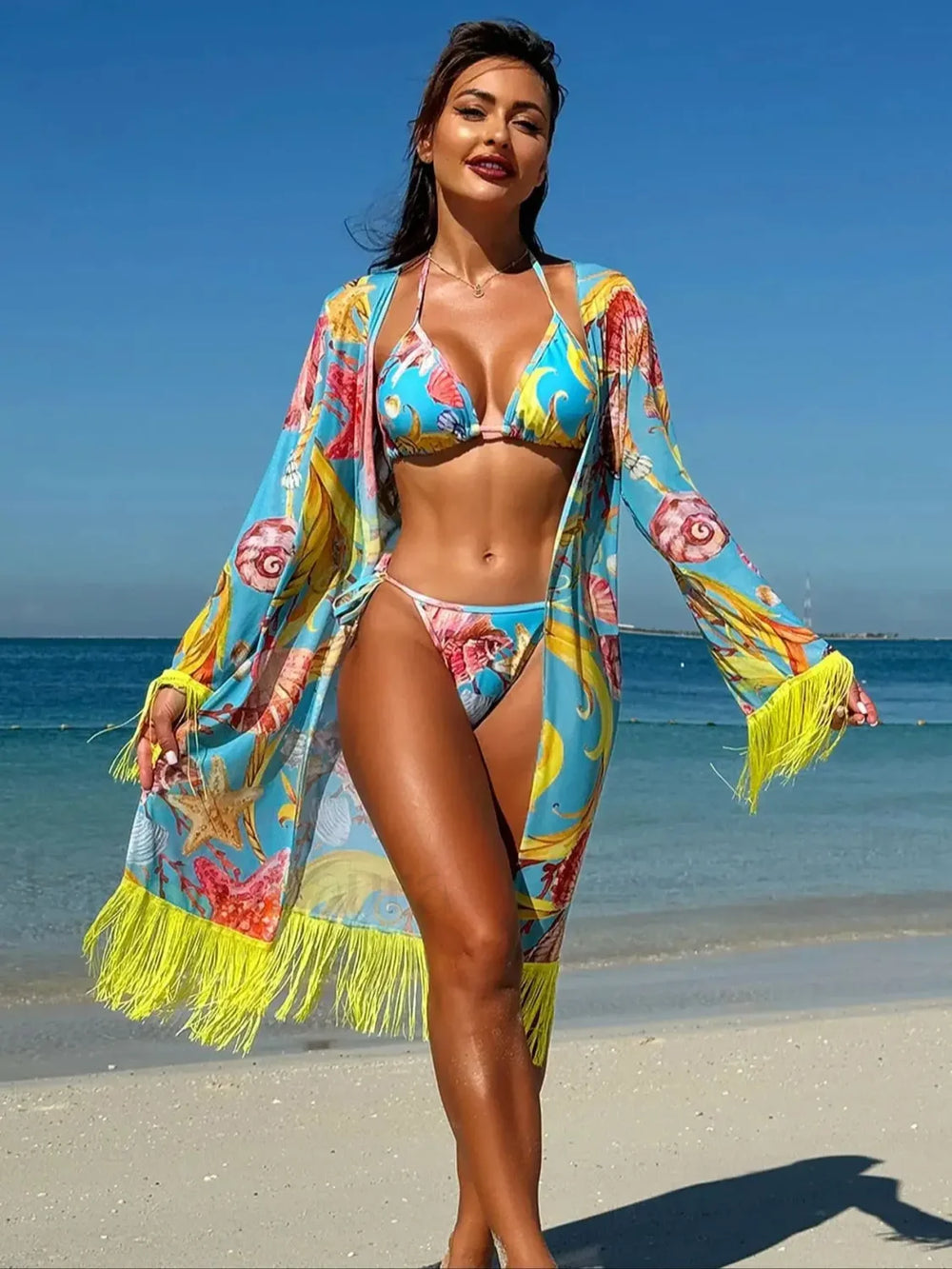 Tassel Drape Printed Bikini Three Piece Set Sky blue / S