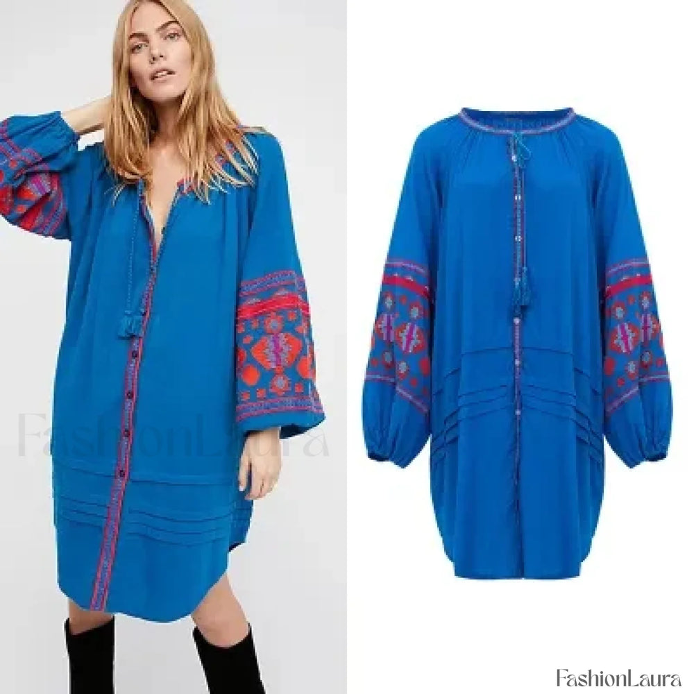 Tassel Lantern Sleeve Boho Dress Blue / S