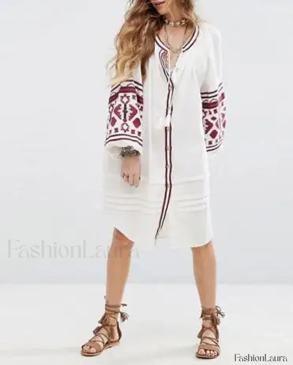 Tassel Lantern Sleeve Boho Dress Ivory / S