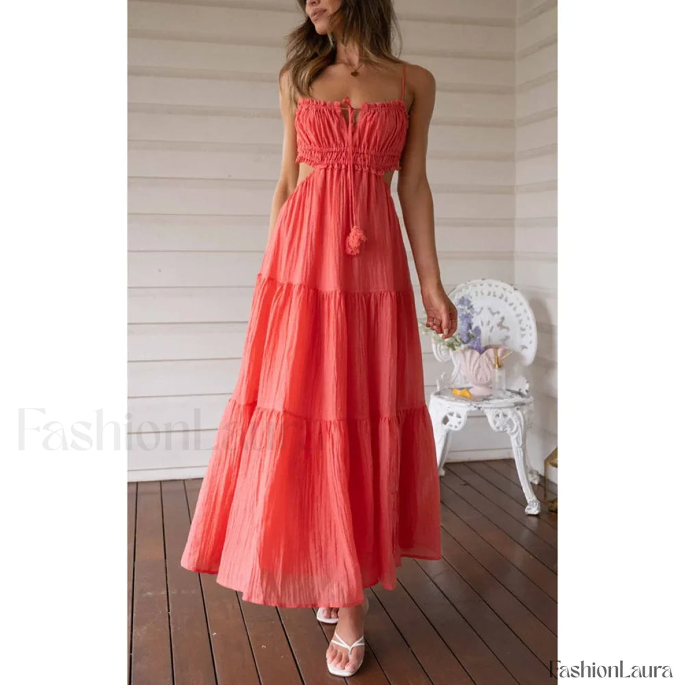 Tassel Tie Up Cutout Midi Dress Watermelon red / S