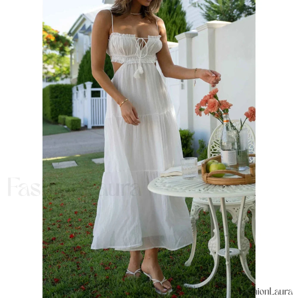 Tassel Tie Up Cutout Midi Dress WHITE / S