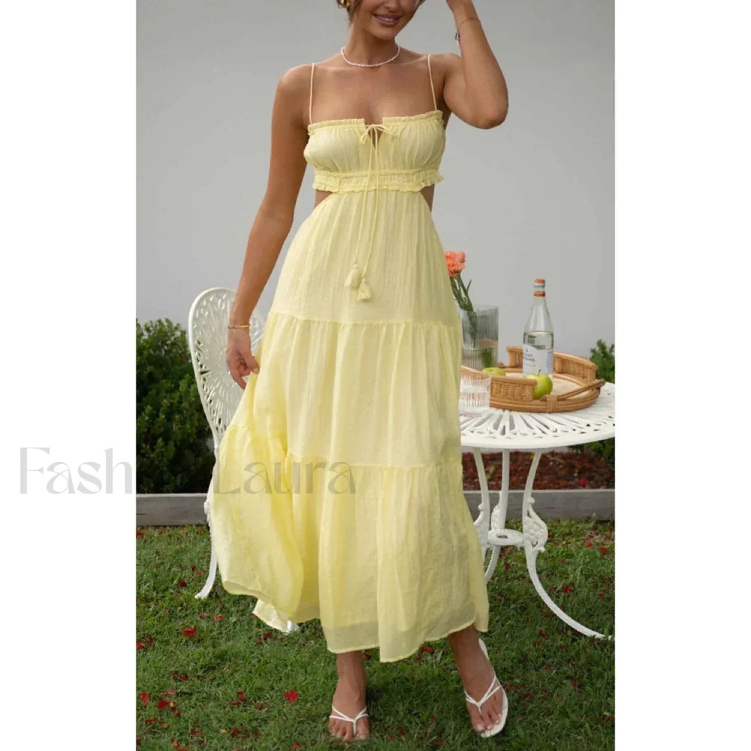 Tassel Tie Up Cutout Midi Dress Yellow / S Main image