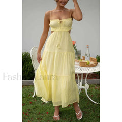 Tassel Tie Up Cutout Midi Dress Yellow / S