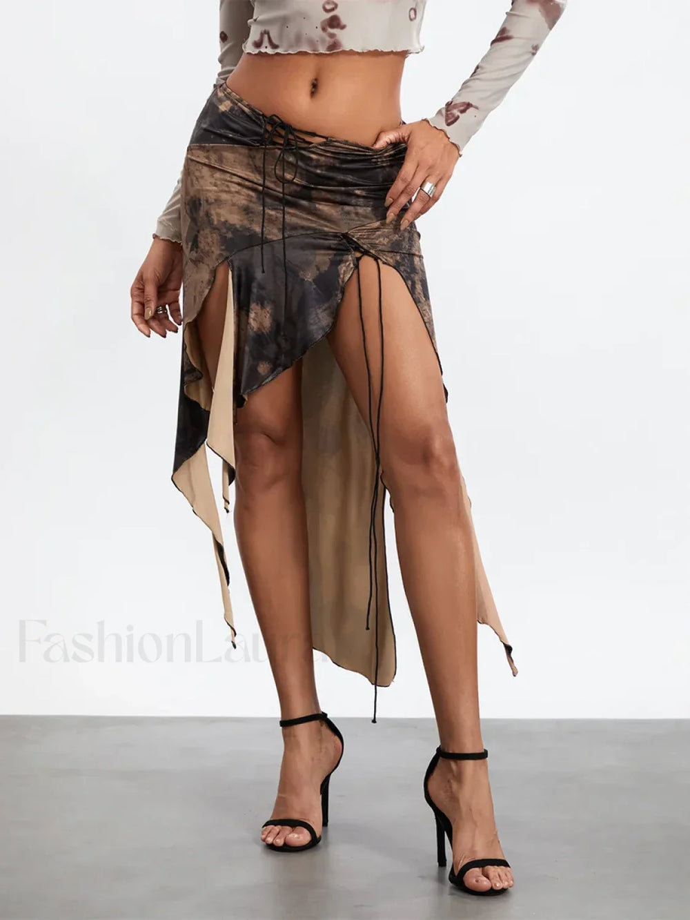 Tassel Wrap Asymmetric Midi Skirt BROWN / S