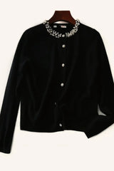 Temperament Style Beaded Splice Knit Cardigan Black / S